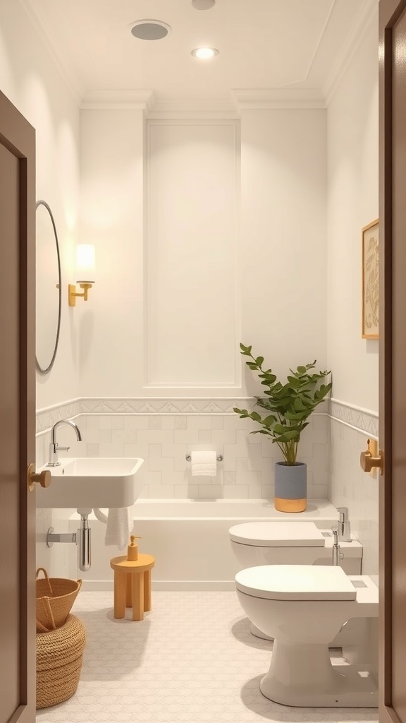 A simple and elegant bathroom design with a plant, neutral colors, and sleek fixtures.