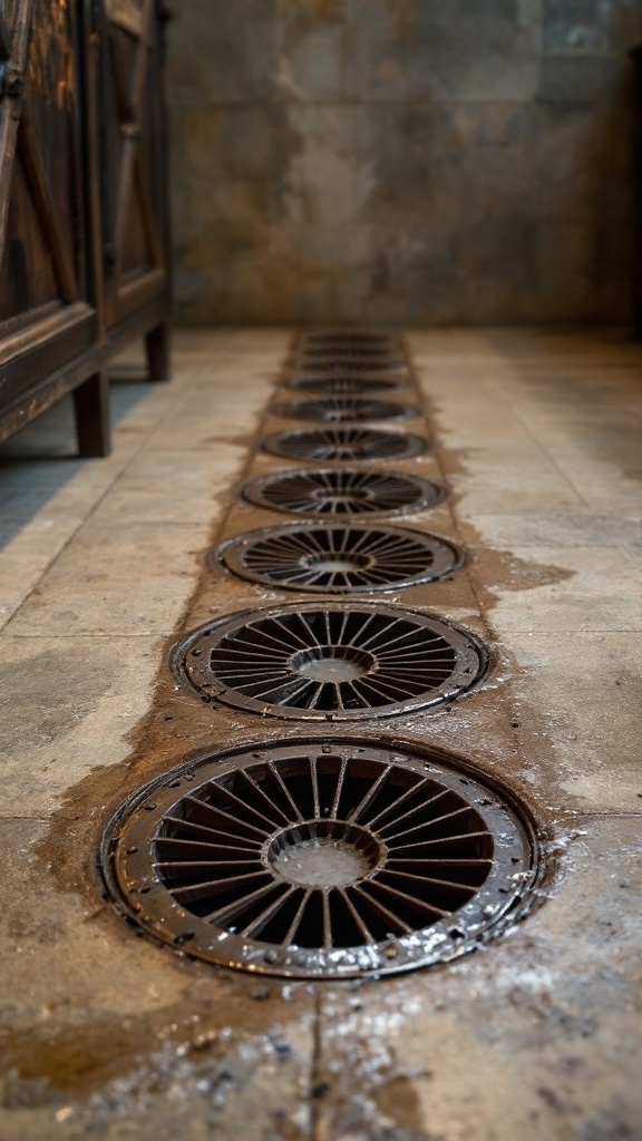 A rustic wet room featuring a unique drain design with a stylish patterned mat.