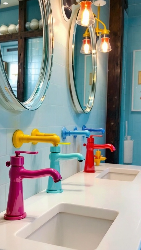 A colorful bathroom sink with unique faucet designs