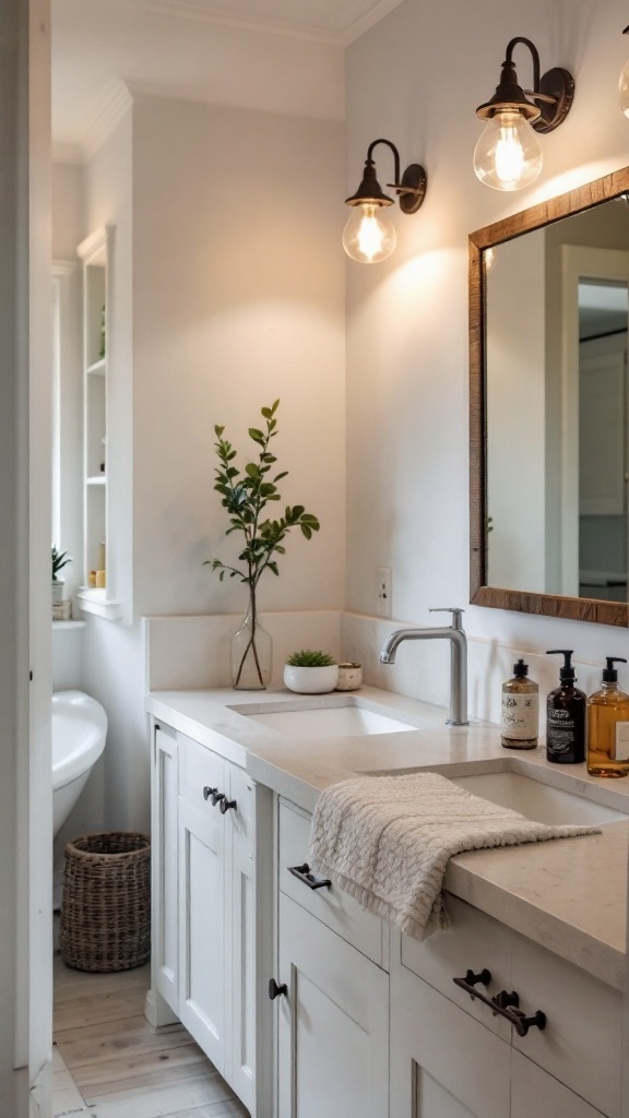 Chic farmhouse bathroom with unique lighting fixtures and cozy decor.