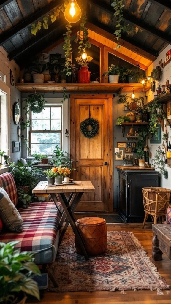 Cozy interior of a tiny house with plants, wooden decor, and warm lighting.