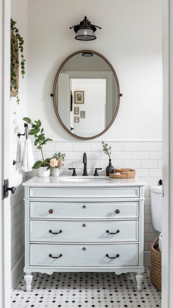 A vintage dresser turned into a bathroom vanity with a mirror and decorative plants.