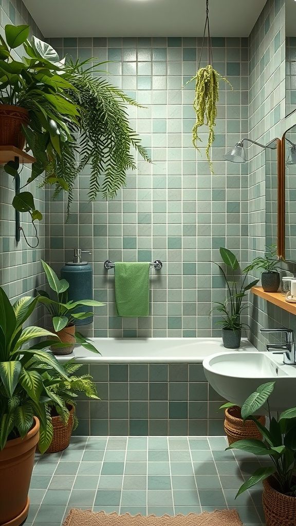 Aesthetic bathroom design featuring green tiles, a bathtub, and various plants.