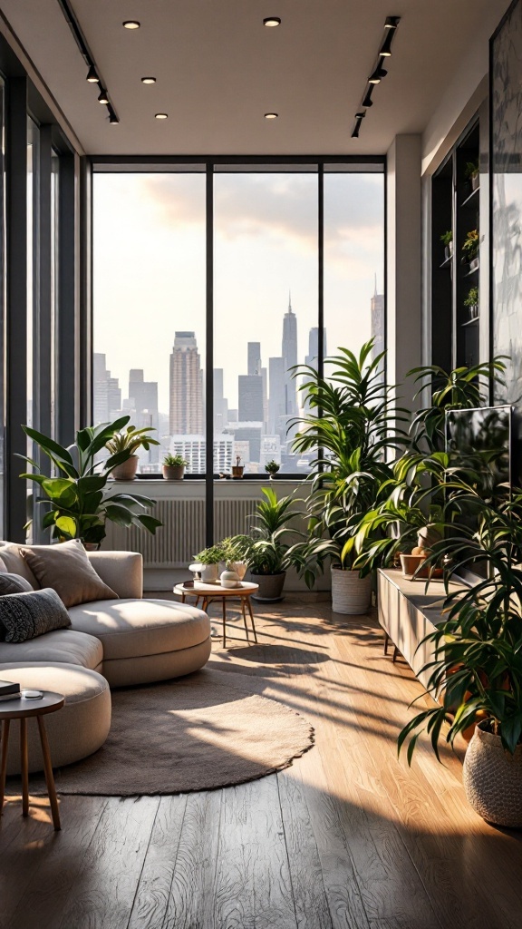 A modern penthouse with large windows, a cozy sofa, and various indoor plants.