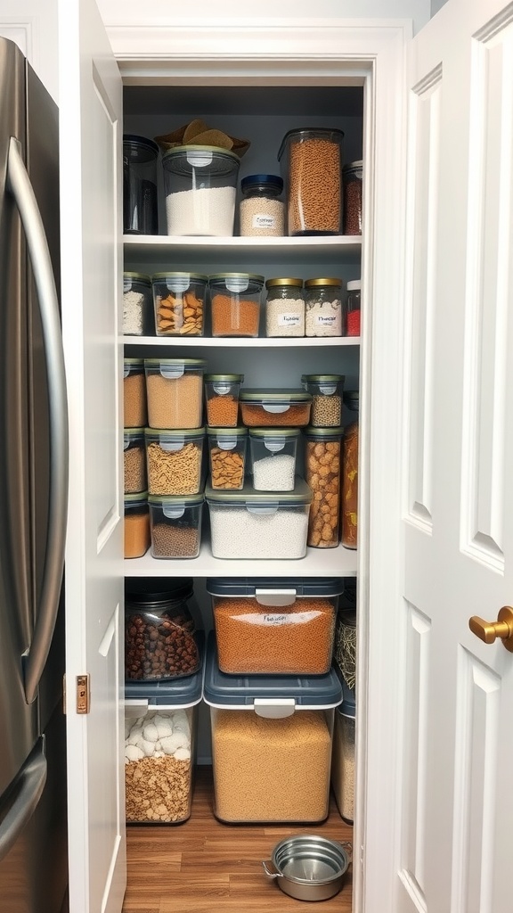 Neatly organized kitchen pantry with clear containers holding various dry goods.