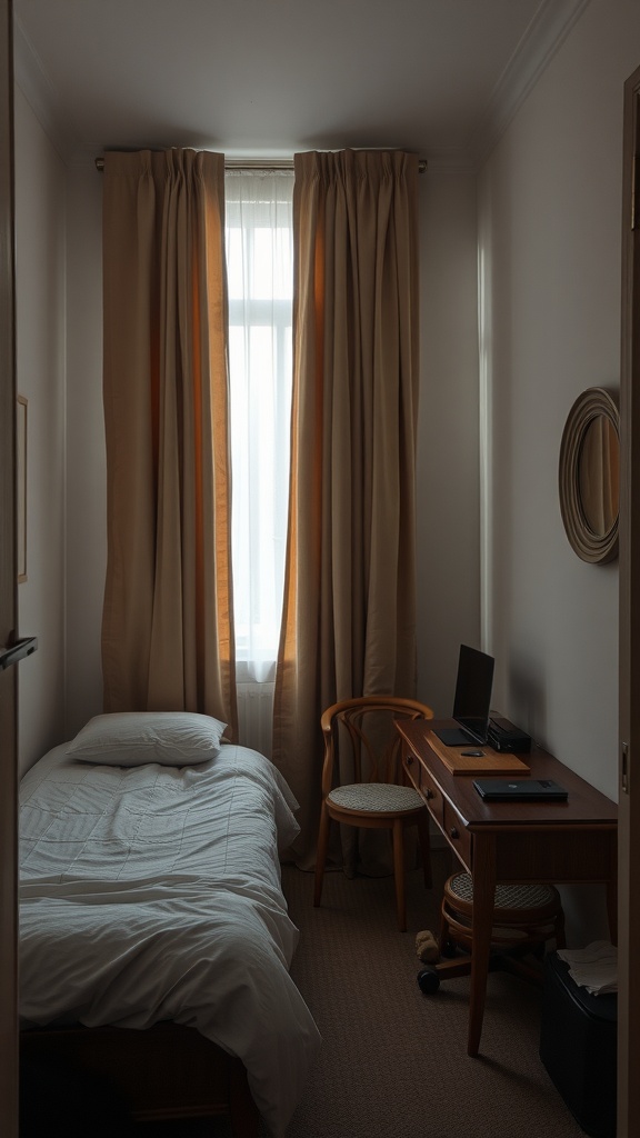 A small bedroom featuring curtains that divide the sleeping area from a workspace.