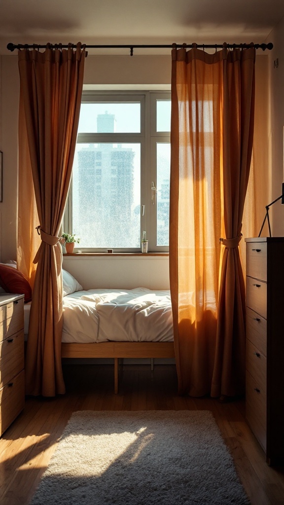 A cozy dorm room with curtains dividing the sleeping area from the rest of the space.