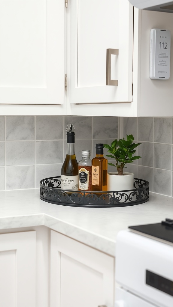 A stylish black decorative tray with bottles of oil and a small plant on a kitchen countertop.