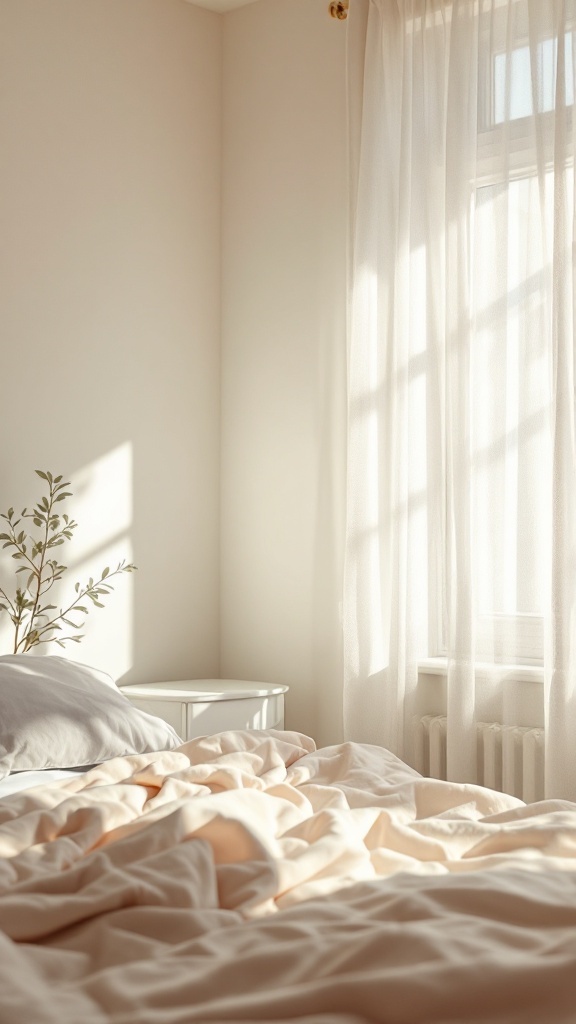 A bright and airy small bedroom with light-colored walls and bedding.