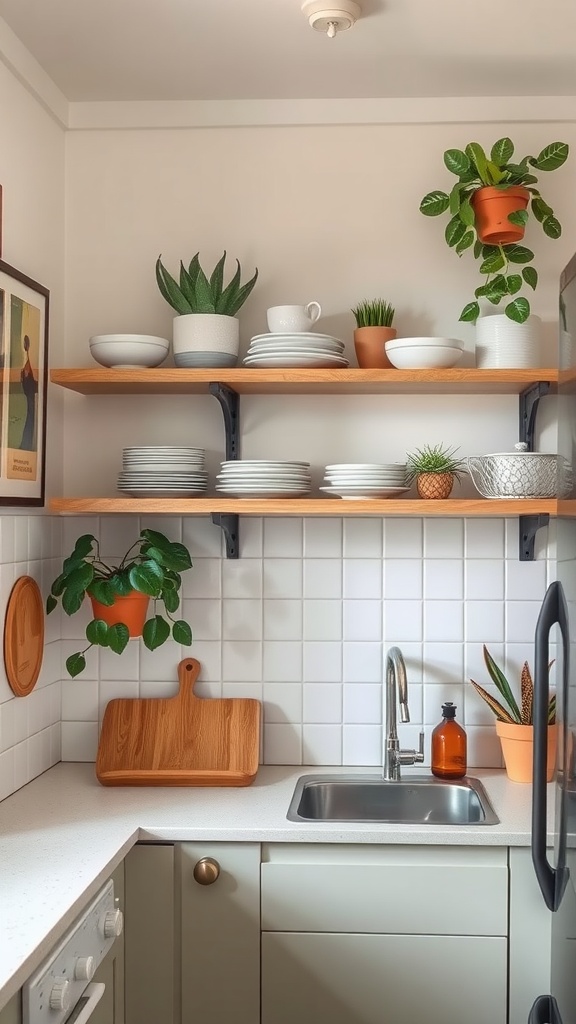 Open shelving in a small kitchen displaying plates and plants.