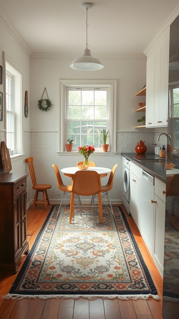 A small kitchen with a round dining table, wooden chairs, and a decorative rug.