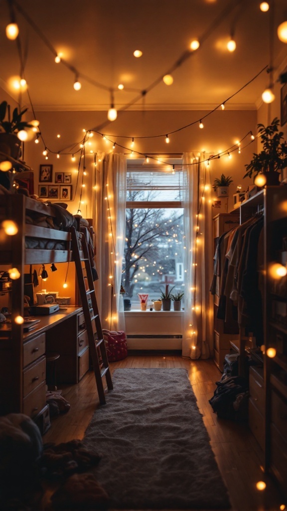 A warmly lit dorm room with string lights creating a cozy atmosphere.