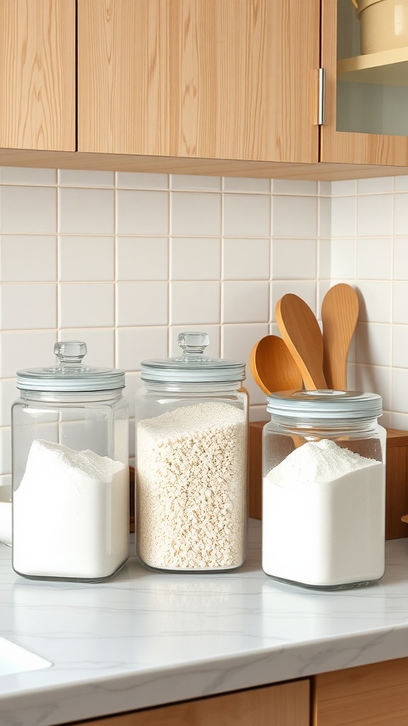 Stylish glass containers filled with dry goods on a kitchen countertop.