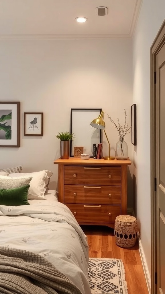 A cozy bedroom corner featuring a wooden dresser with decorative items and a lamp.