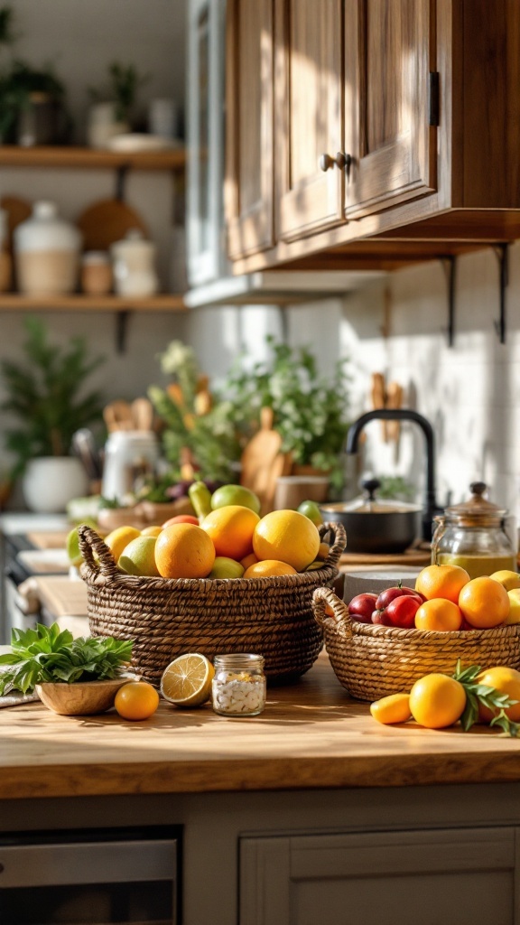 A kitchen countertop styled with decorative baskets filled with fruits and vegetables.