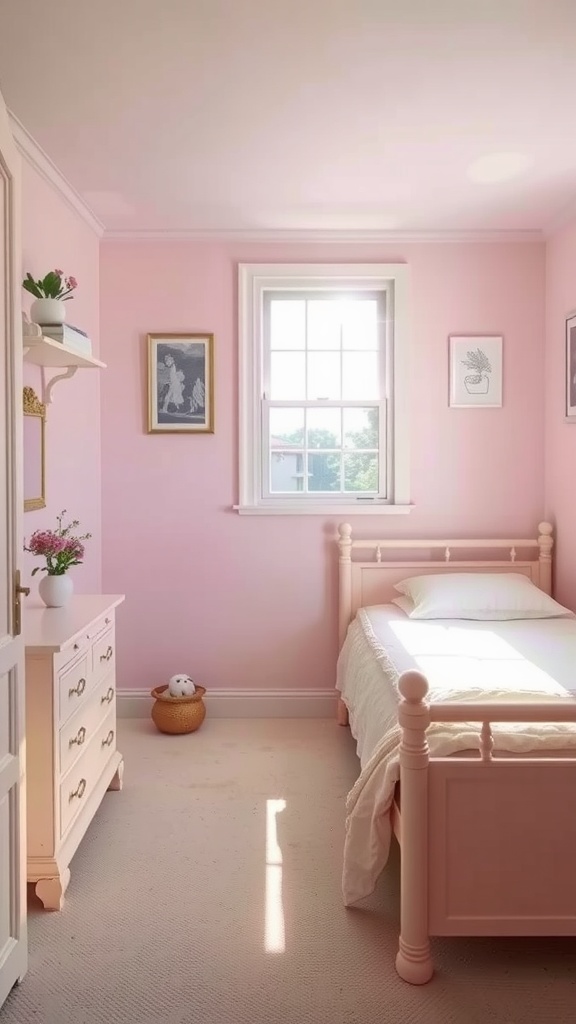 A small bedroom with soft pink walls, a single bed, and a window allowing natural light in.