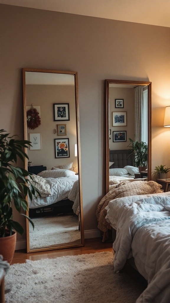 A cozy dorm room with two large mirrors reflecting a comfortable bed and decor.