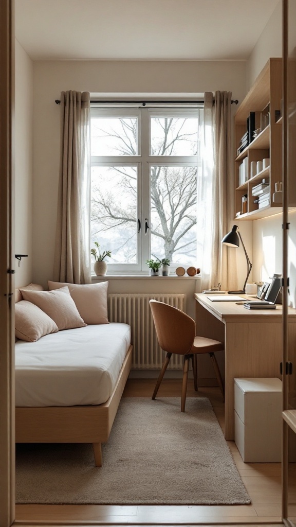 A small bedroom featuring a bed, desk, and storage, showcasing multi-functional furniture in a cozy design.