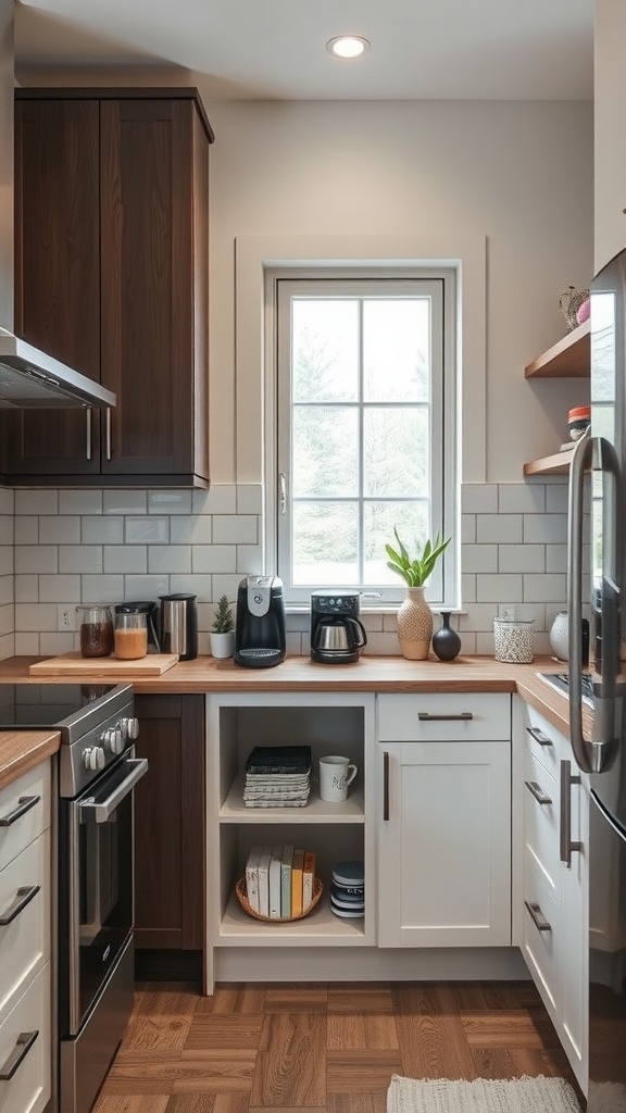 A cozy kitchen with a nook featuring shelves and coffee machines.