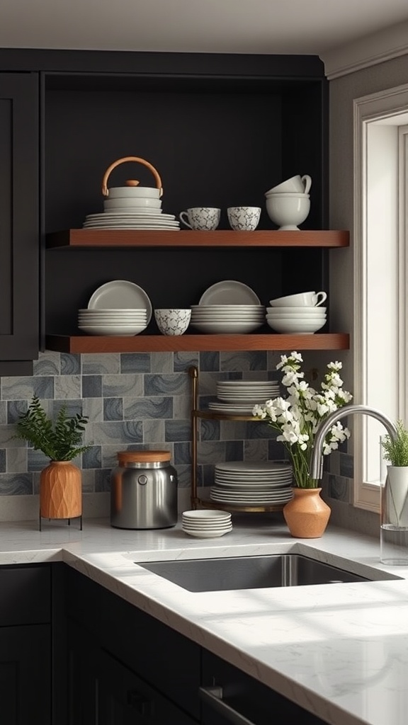 A stylish kitchen with open shelving displaying plates and decorative items.