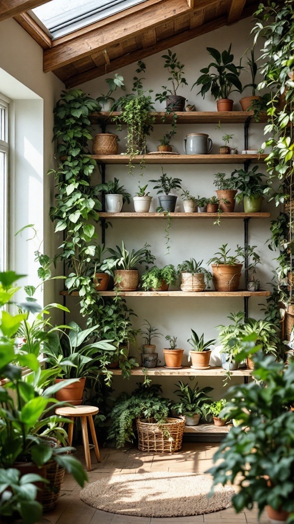 A cozy corner filled with plants on wooden shelves, showcasing vertical storage in a tiny house.