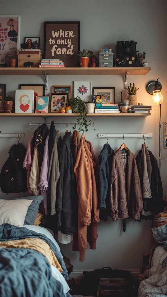 A cozy dorm room with shelves displaying decor and a wall rack holding jackets.