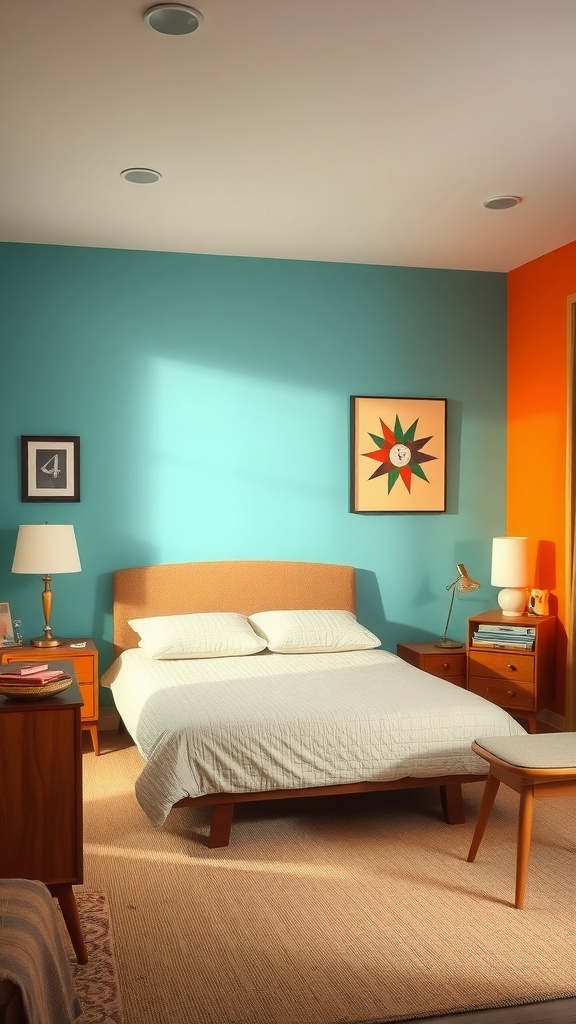 A mid-century bedroom featuring vibrant accent walls in teal and orange, with a cozy bed and stylish decor.