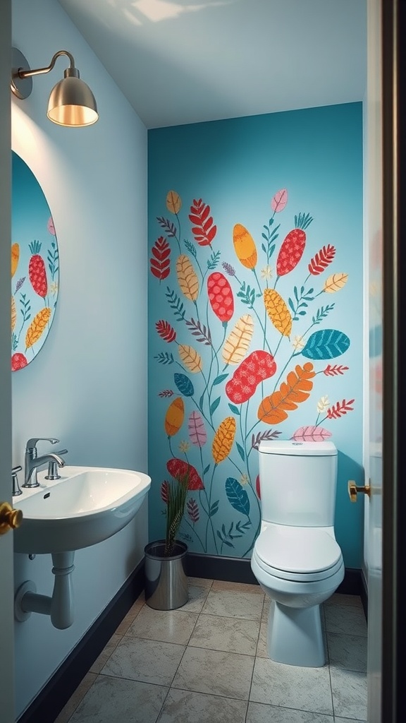 A small bathroom featuring a bright blue wall with colorful leaf patterns.