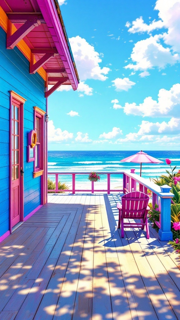 A colorful beachfront house with a blue exterior and pink accents, overlooking the ocean.