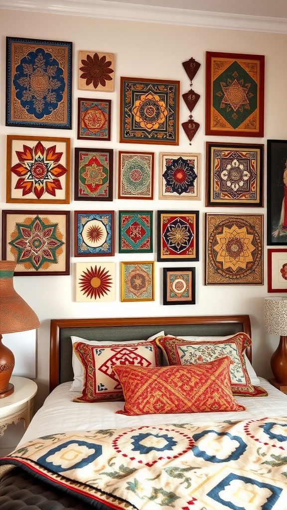 A wall adorned with colorful Moroccan-style art pieces in various frames above a neatly made bed.