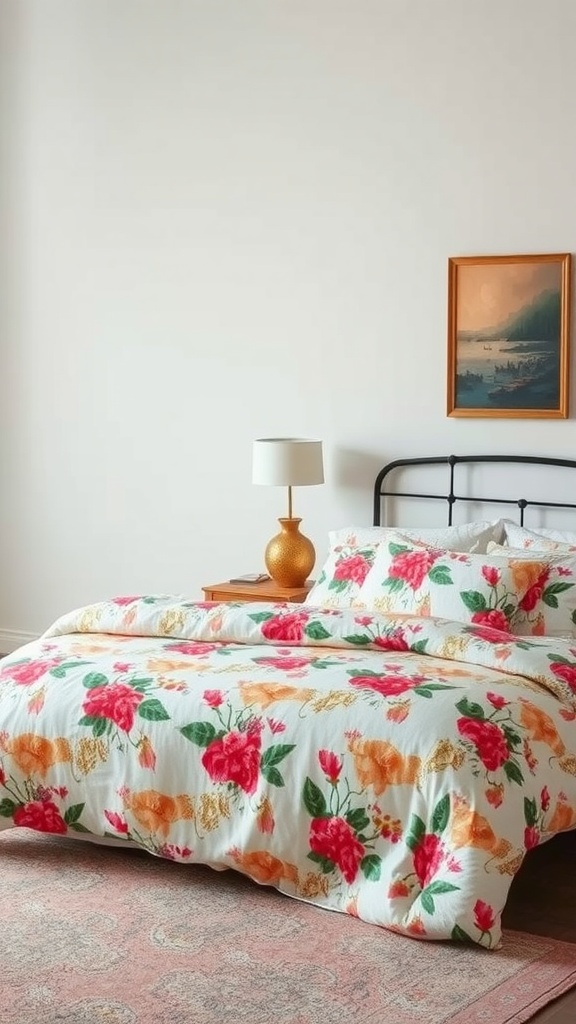 A cozy mid-century bedroom featuring vintage-inspired bedding with floral patterns.