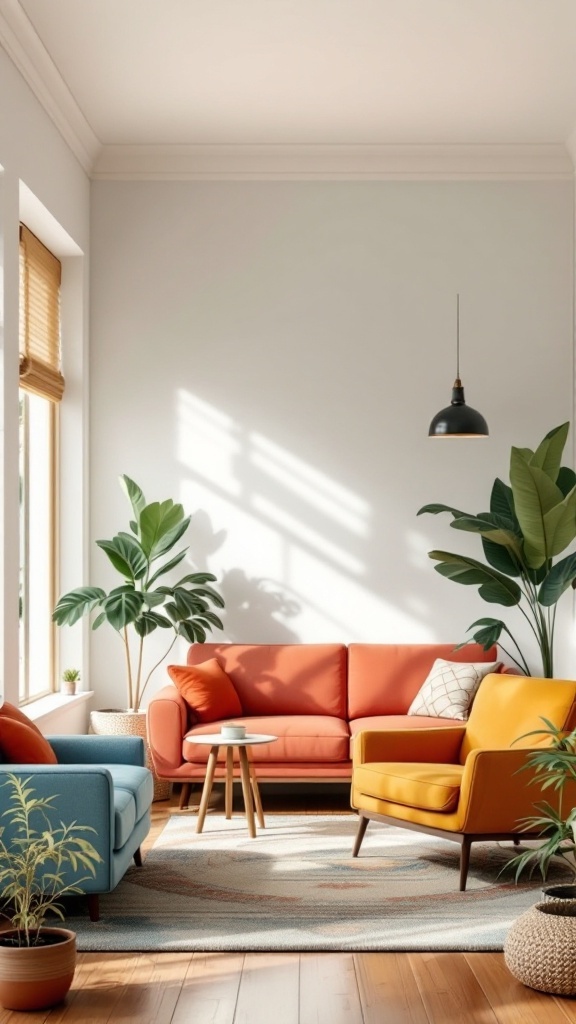 Cozy living room with vintage-inspired furniture and indoor plants.