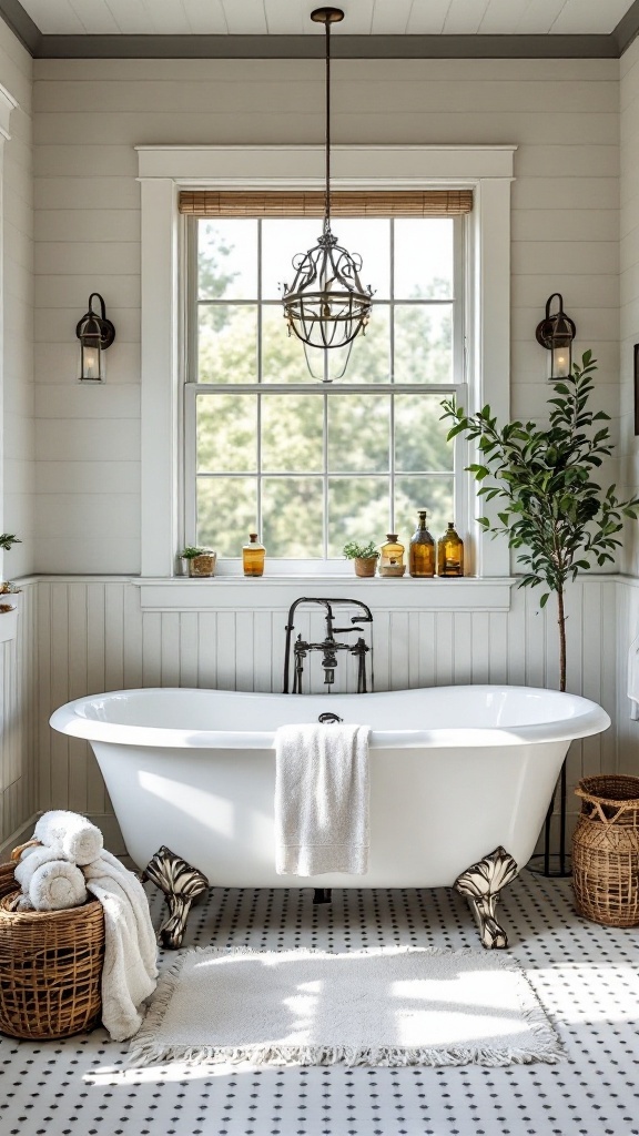 A vintage freestanding bathtub in a bright farmhouse bathroom with natural light and rustic decor.