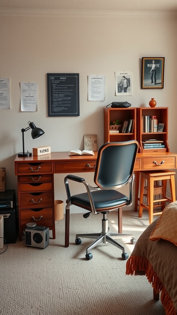 A stylish dorm room featuring vintage furniture, including a wooden desk and a comfortable office chair.