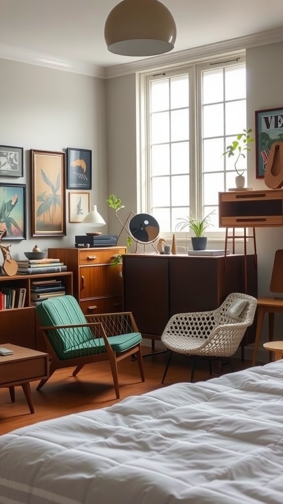 A mid-century bedroom featuring vintage furniture including a green chair, wooden cabinets, and decorative artwork.