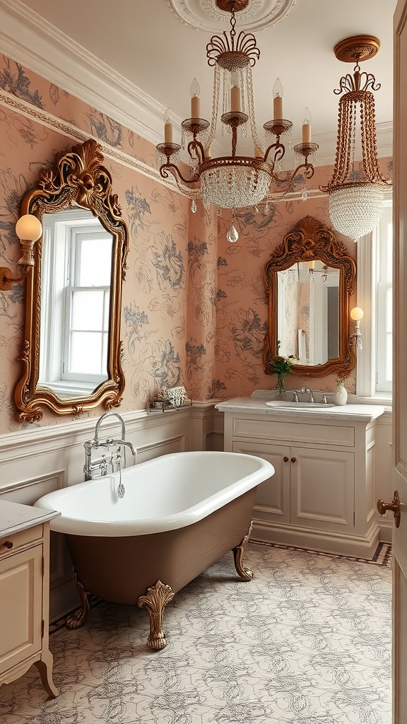 A vintage glam bathroom featuring a clawfoot tub, ornate mirrors, and elegant chandeliers.