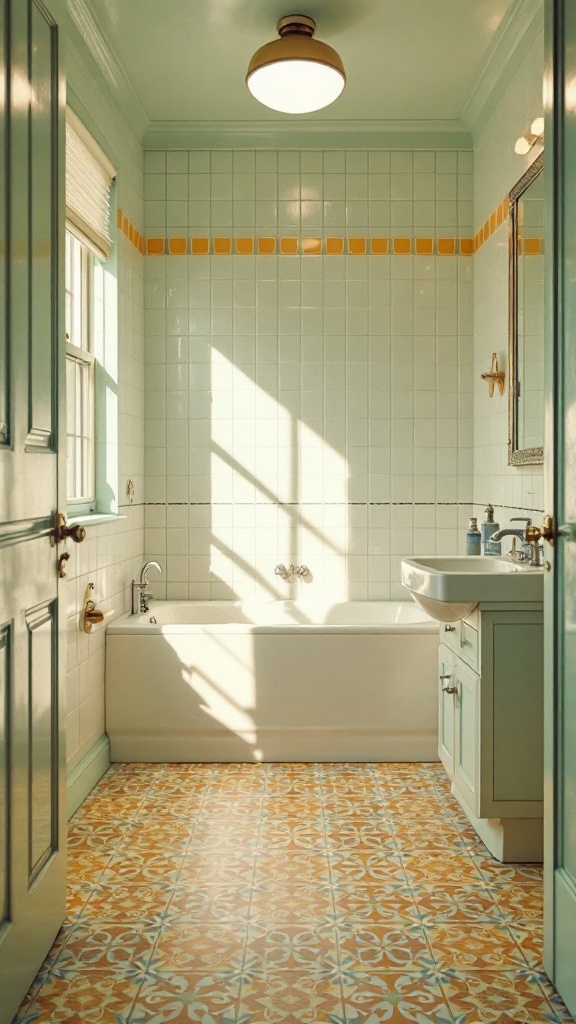 A vintage bathroom featuring colorful vinyl flooring, a bathtub, and a sink.