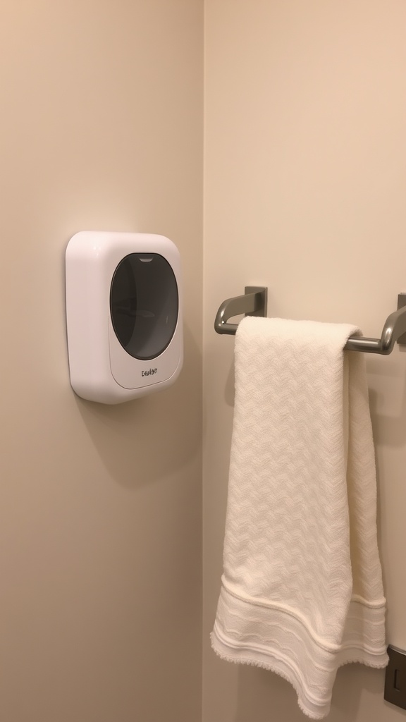 A wall-mounted towel holder and dispenser in a small bathroom.