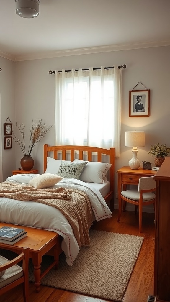 A cozy bedroom with warm wood accents, featuring a wooden bed, a small table, and soft bedding.