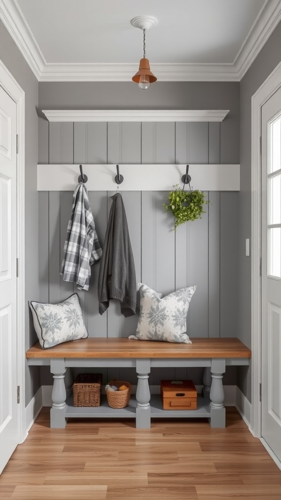 A stylish entrance with a wooden bench, hooks for coats, and decorative pillows.