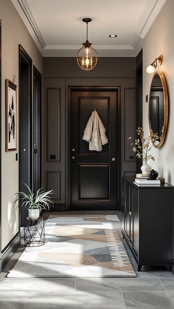 A stylish and cozy entryway with dark walls, a decorative rug, a plant, and modern lighting.