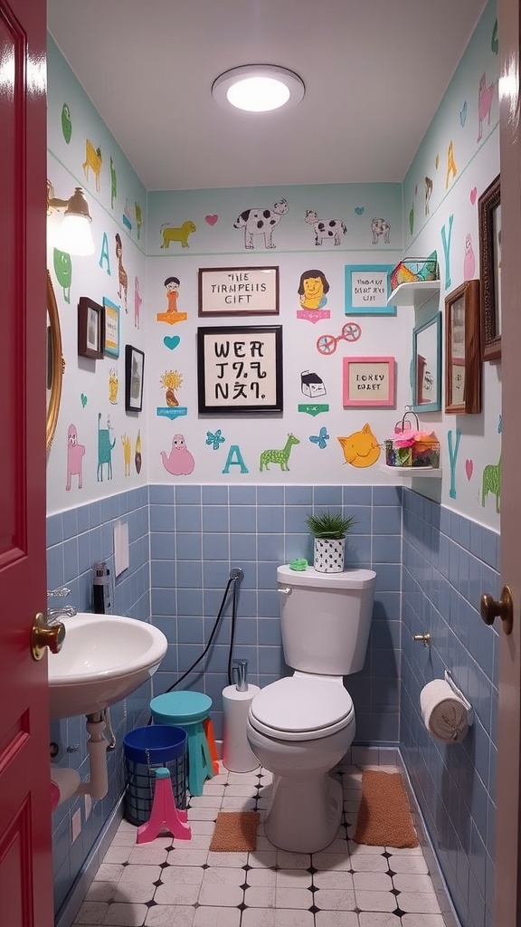 A whimsical bathroom with colorful wall art and playful decor