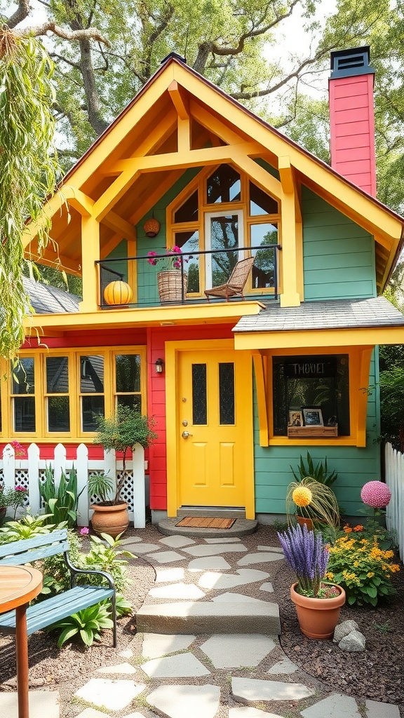 A colorful whimsical cottage surrounded by a beautiful garden.