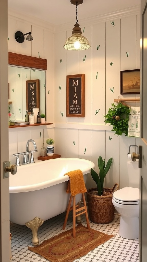 A cozy farmhouse bathroom featuring whimsical decor elements including a humorous quote and potted plants.