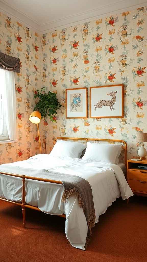 Mid-century bedroom with playful wallpaper and quirky art pieces.