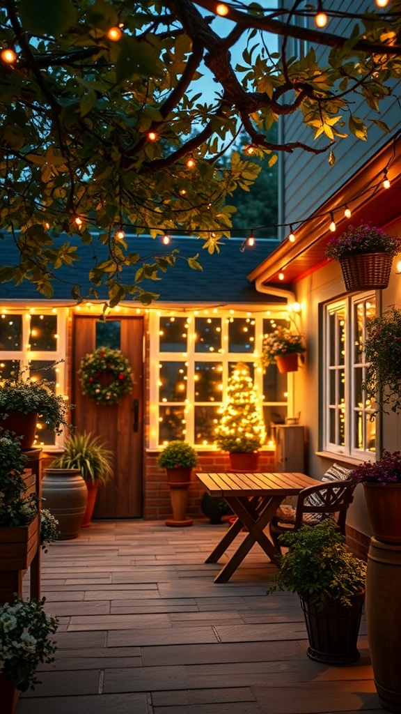 Patio decorated with fairy lights and plants, creating a cozy evening atmosphere.