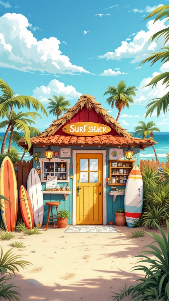 A colorful surf shack with surfboards, surrounded by palm trees and sandy beach.