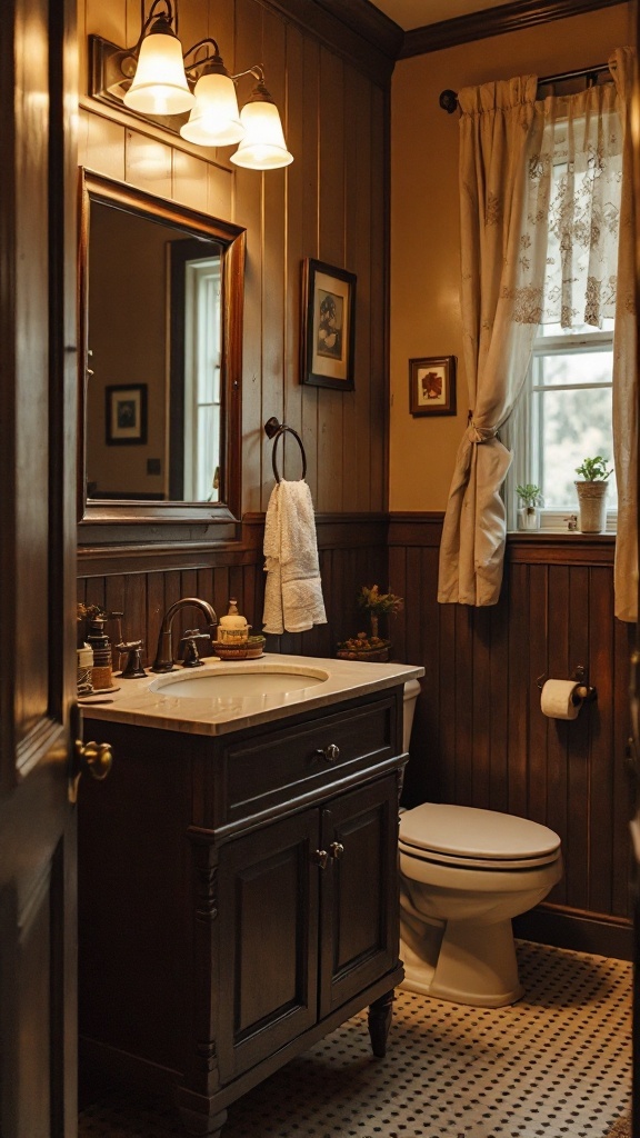 A cozy bathroom featuring wood paneling, beadboard, and vintage fixtures.