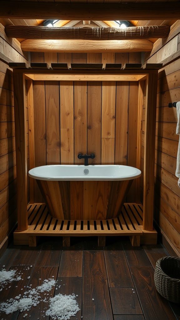 Wooden bathtub with a wooden enclosure in a rustic wet room