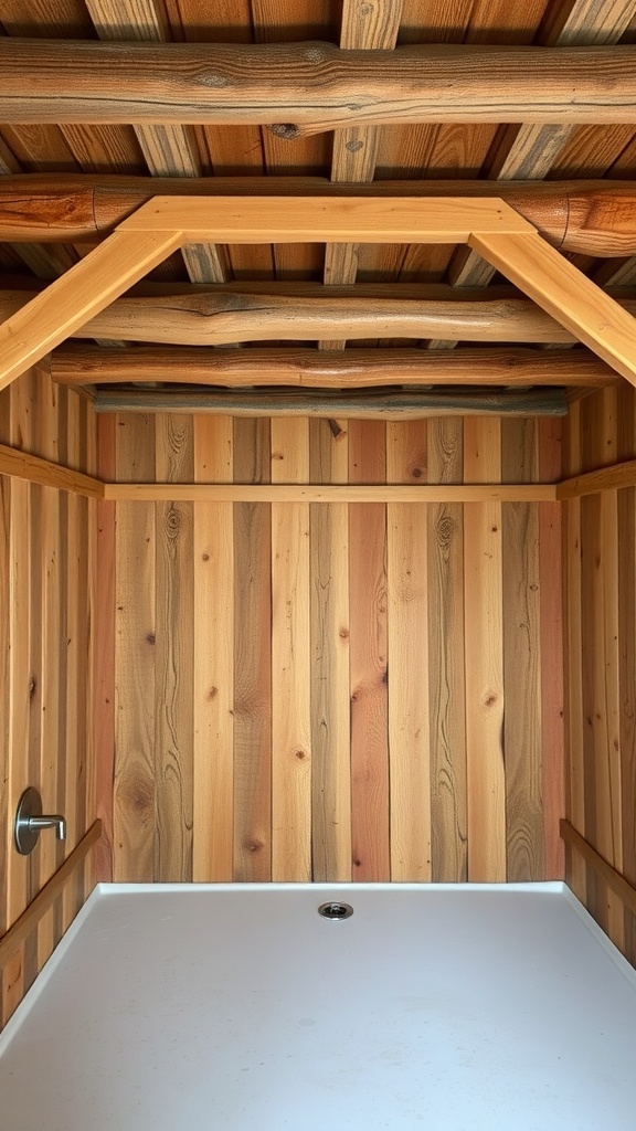 Wooden beams and ceiling in a rustic wet room.